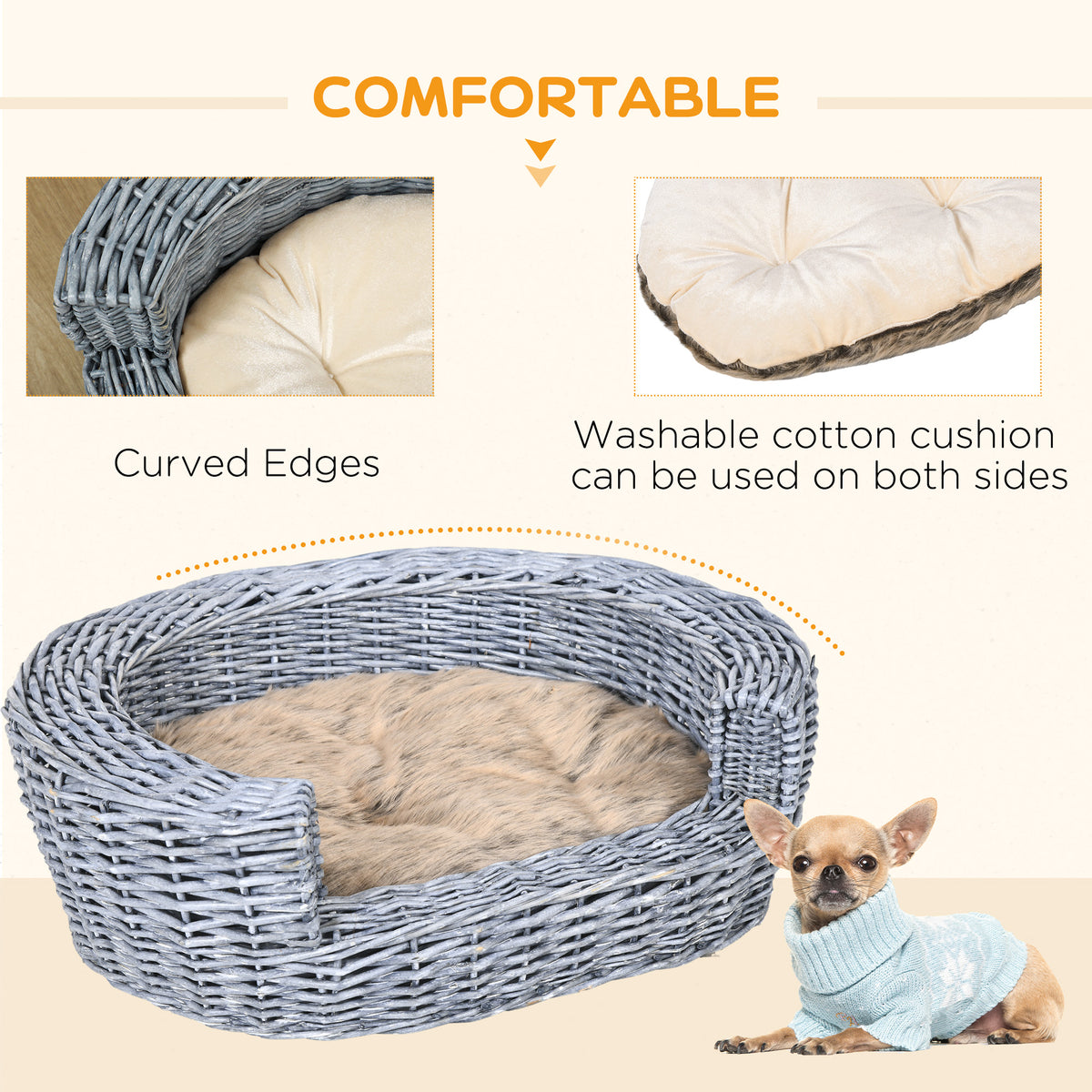 Wicker pet bed with curved edges and a reversible washable cushion
