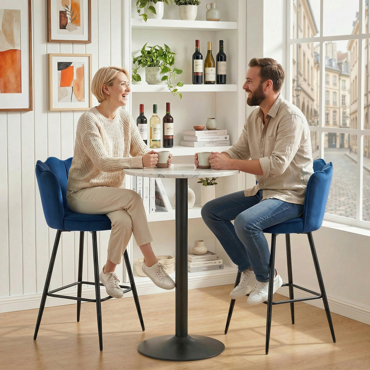 HOMCOM Set of Two Velvet-Feel Lotus Bar Stools - Dark Blue