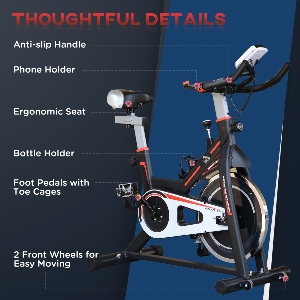 HOMCOM indoor exercise bike with LCD display, padded seat, phone and bottle holders, and toe cages
