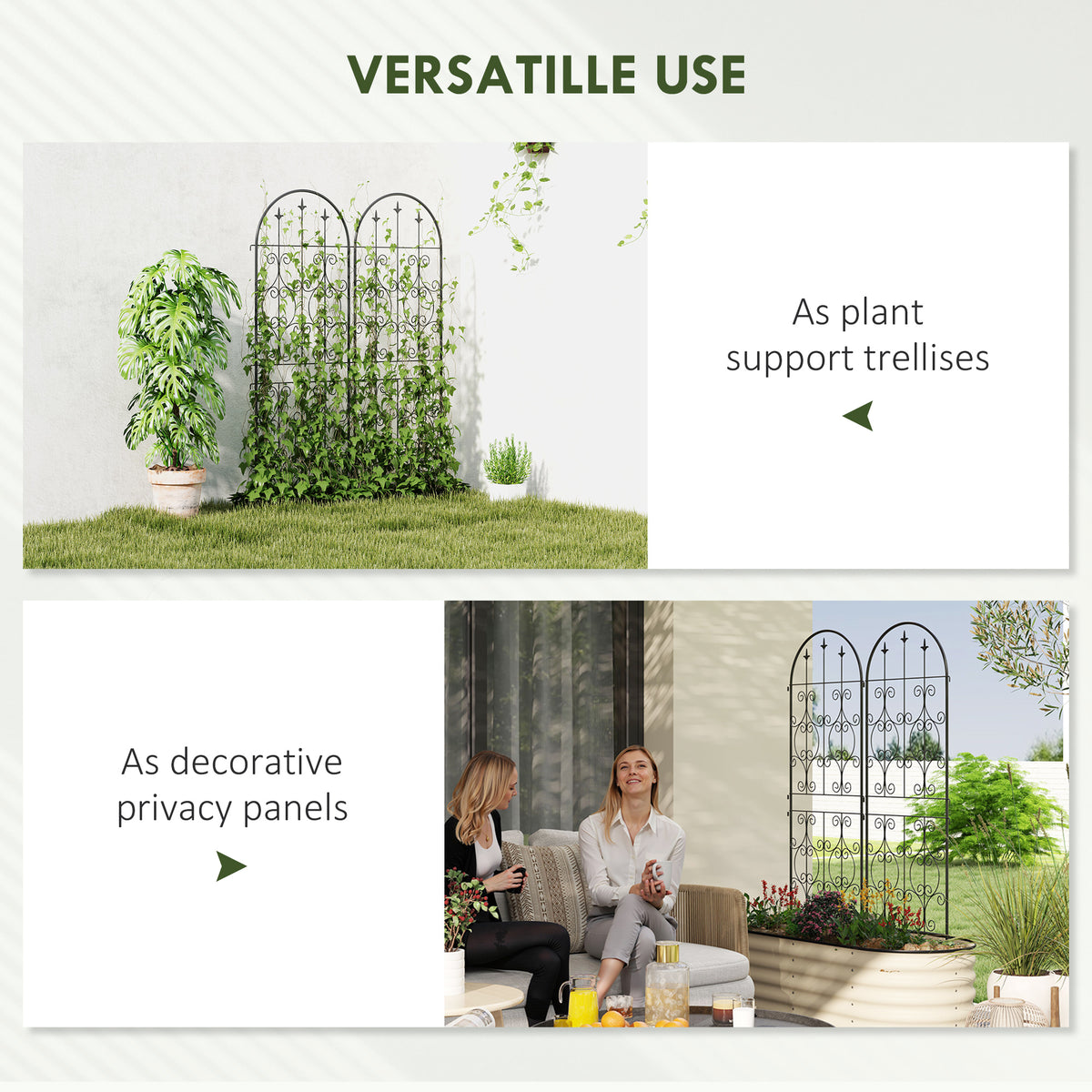 Metal trellis panels shown supporting plants and as decorative privacy screens