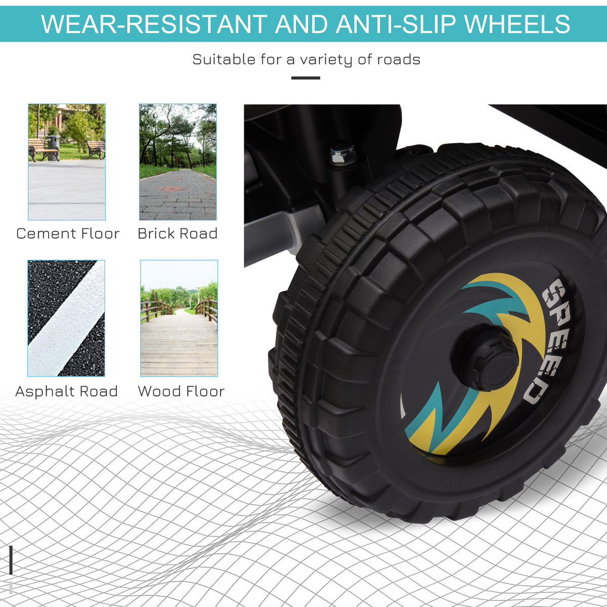 Close-up of the ride-on car's chunky black wheel with colorful speed graphics