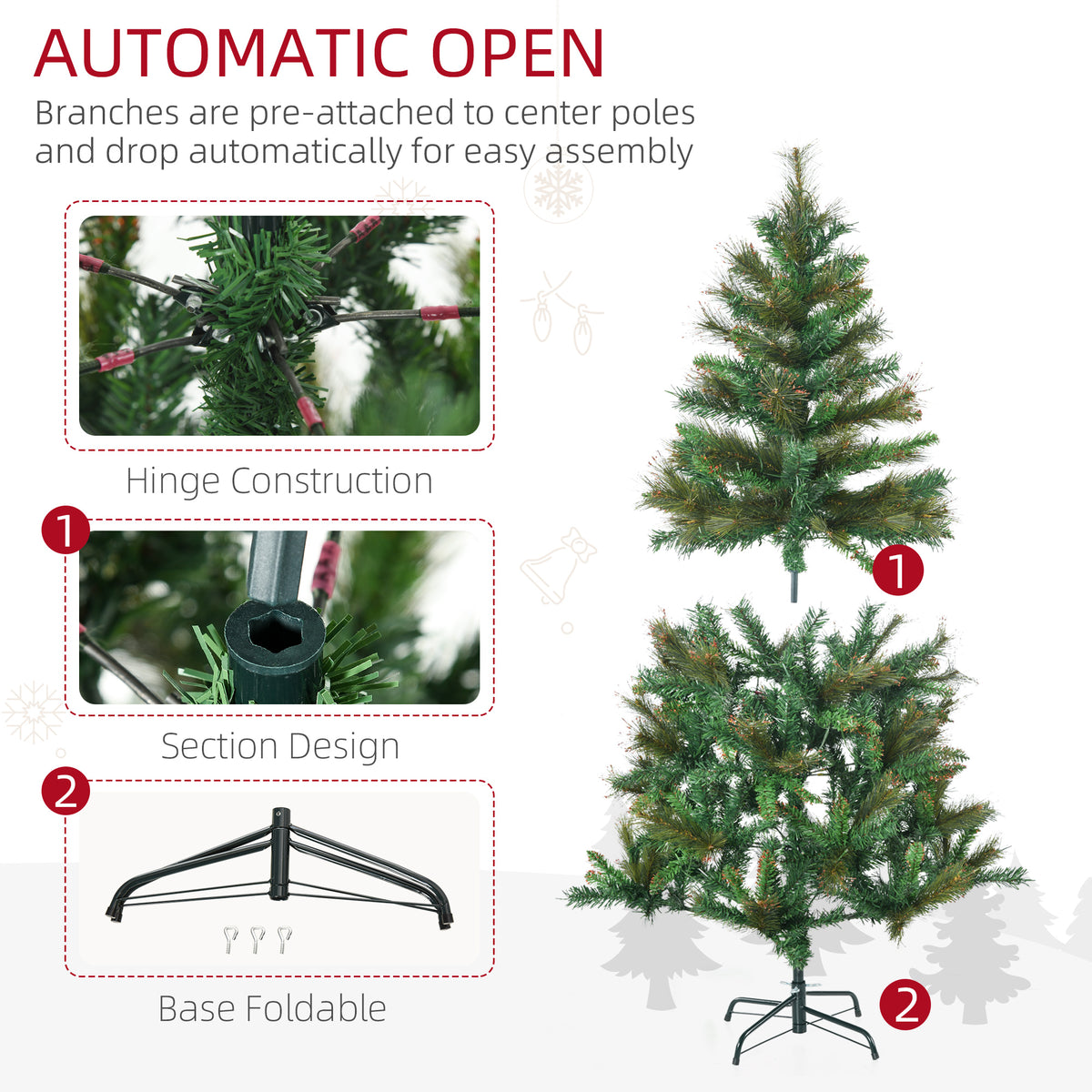 Artificial spruce tree assembly diagram with hinged branches and foldable metal base