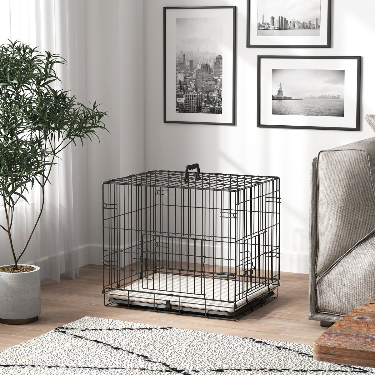 PawHut Foldable Dog Crate with Two Doors with Tray, Soft Cushion, for Extra Small Dogs, 60 x 45 x 50, Black
