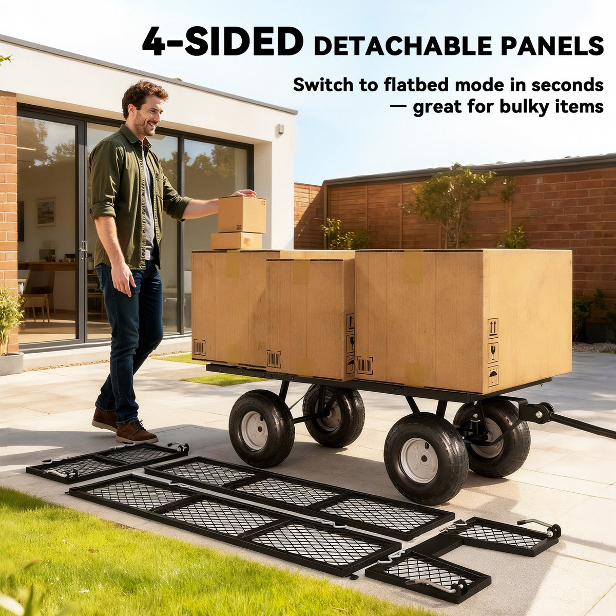 Outsunny garden cart in flatbed mode with detached mesh side panels laid on the ground