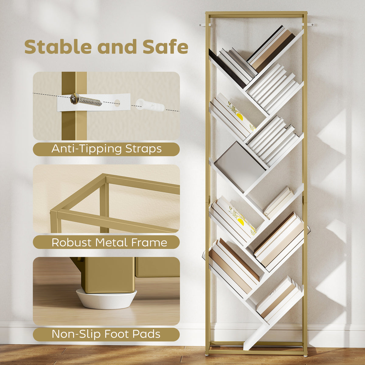 HOMCOM 10 Shelf Modern-Style Bookshelf - Gold Tone/White