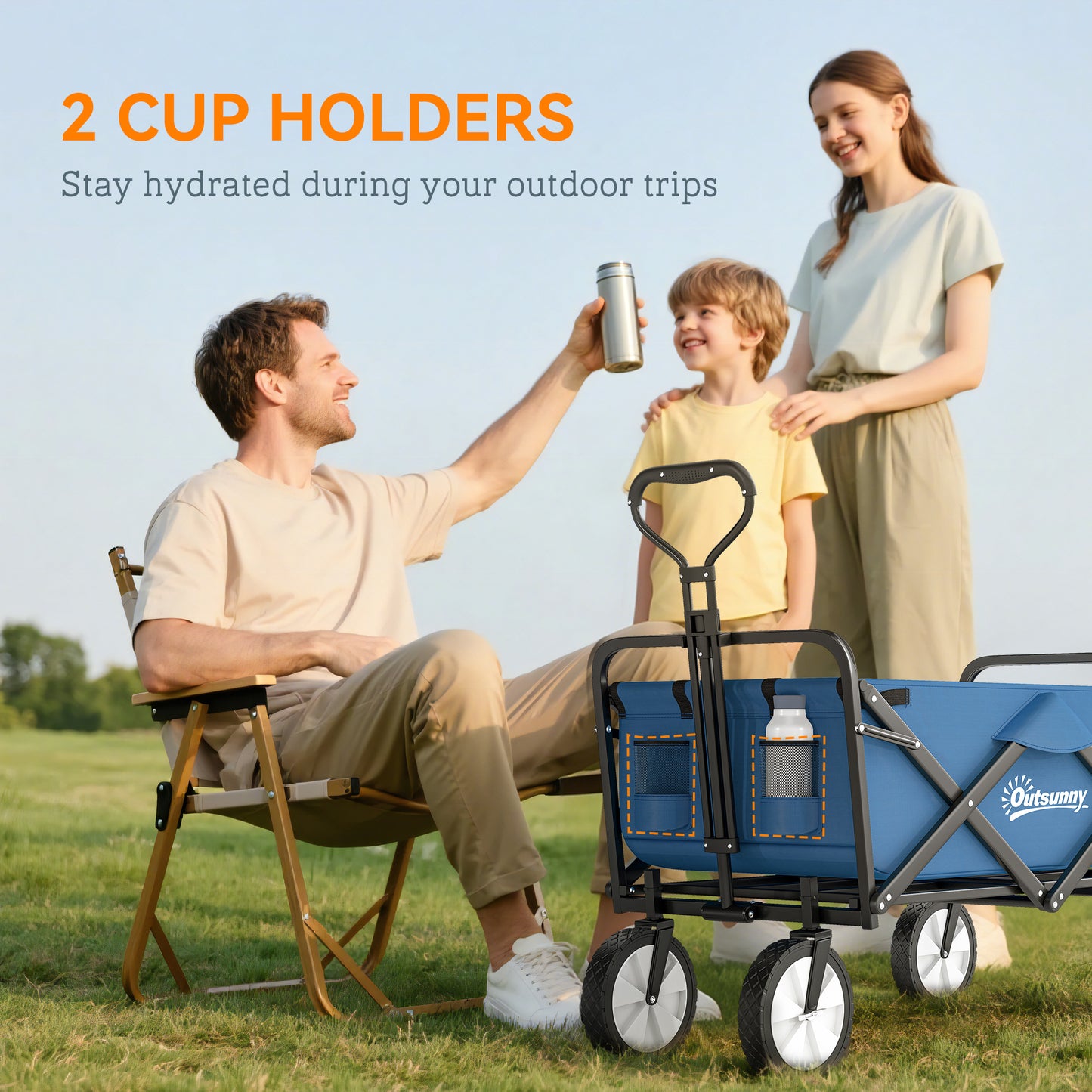 Outsunny 135L Festival Trolley on Wheels, Folding Wagon Camping Trolley Cart with Adjustable Handle, Dual Brakes, Portable Wagon Cart for Outdoor, Garden, Shopping, Fishing, Navy Blue