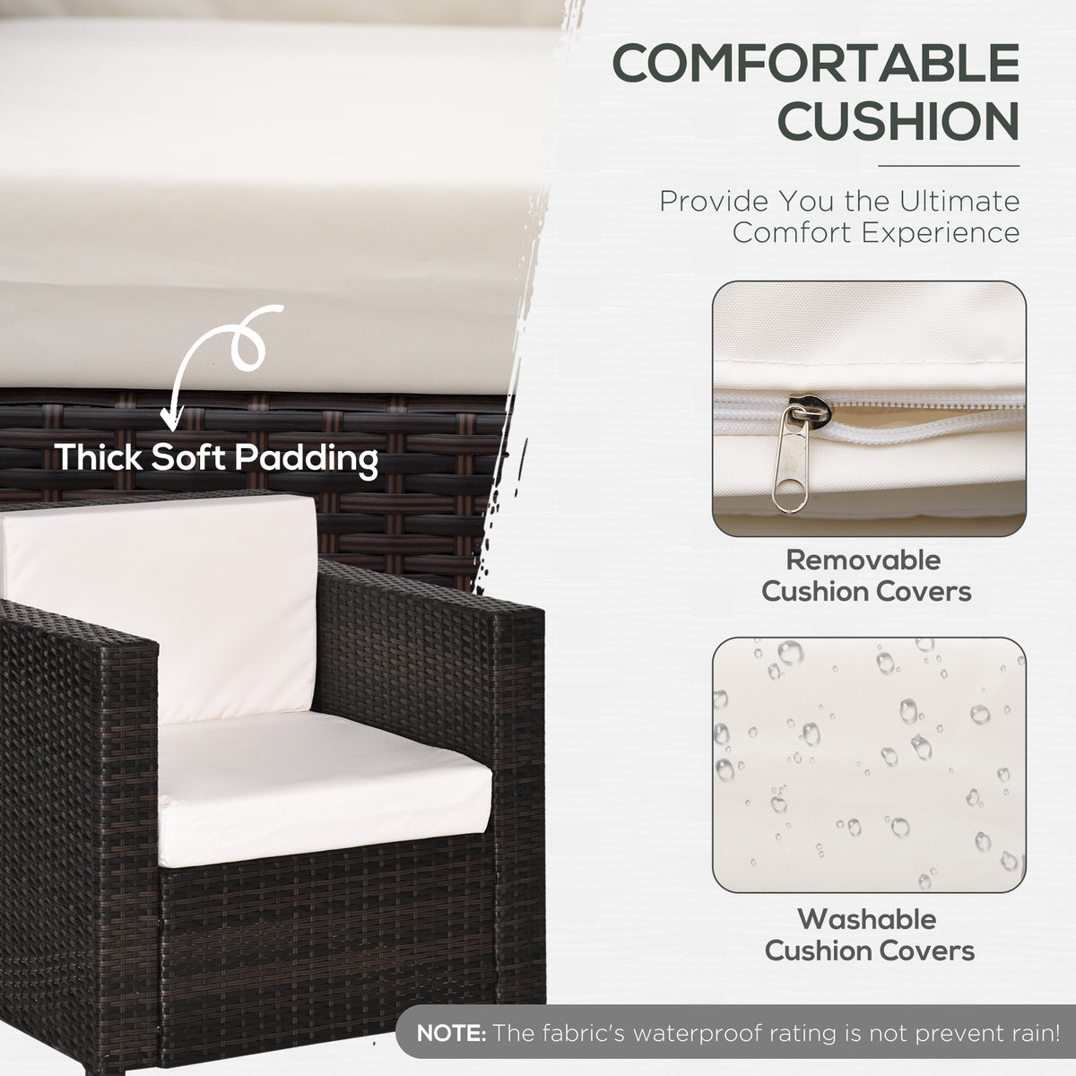 Rattan armchair with padded cushions and close-ups of removable, washable covers