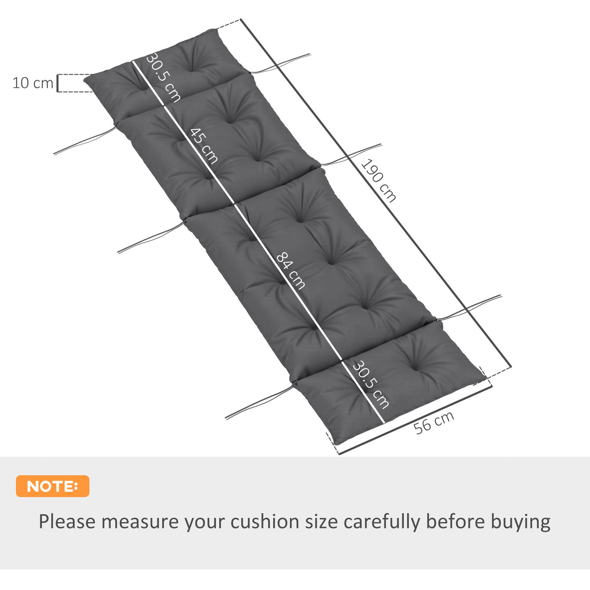 Dark grey sun lounger cushion with measurement markings, 190 cm long and 56 cm wide