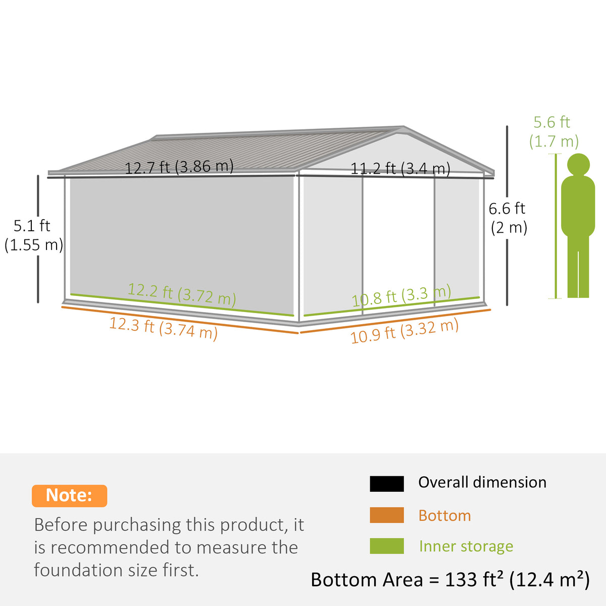Outsunny metal garden shed with dimension diagram and 133-square-foot storage area