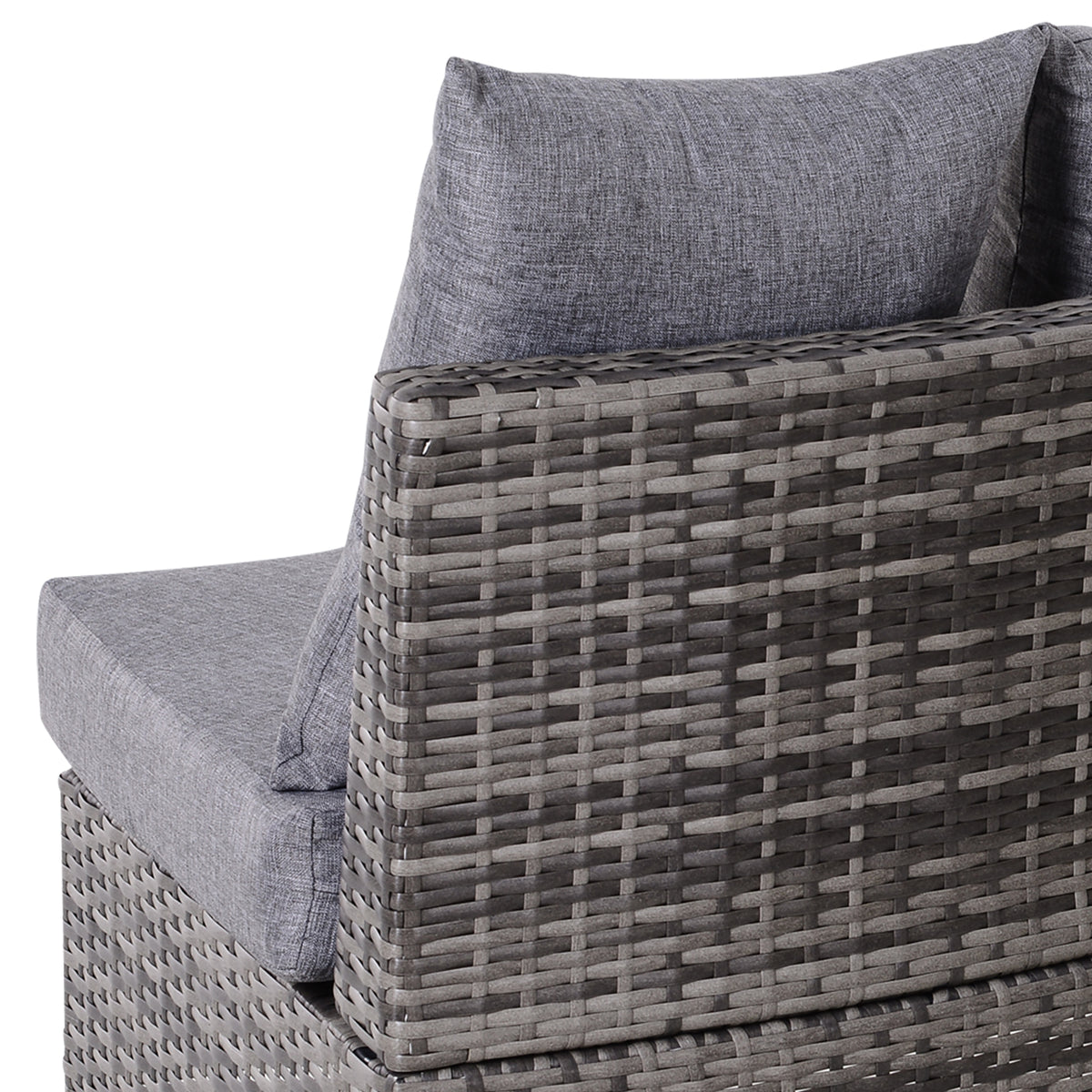 Close-up of grey rattan chair back, armrest and cushioned seat