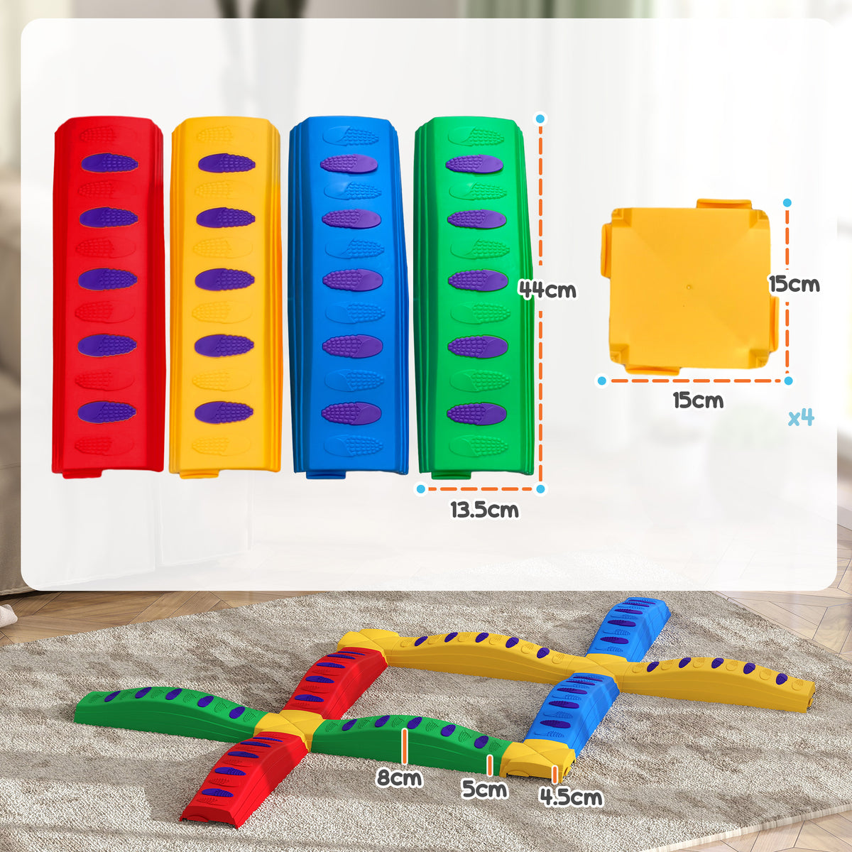 Kids’ balance beam set with eight coloured straight boards and four yellow square connectors