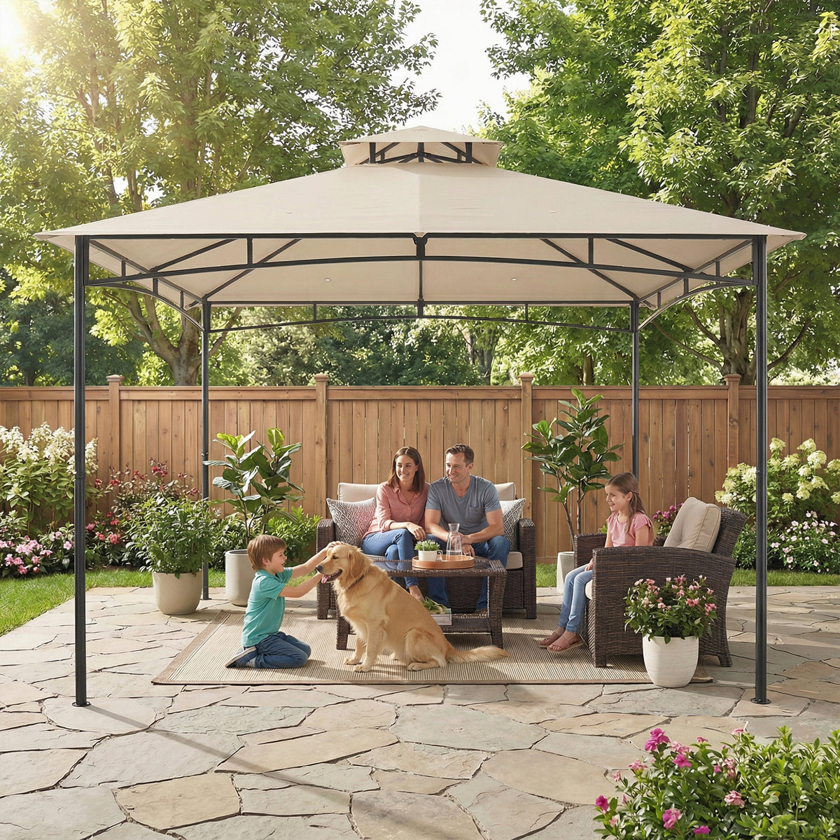 Outsunny 3 x 3 m Gazebo, Garden Gazebo with 2-Tier Roof, Metal Frame, Khaki