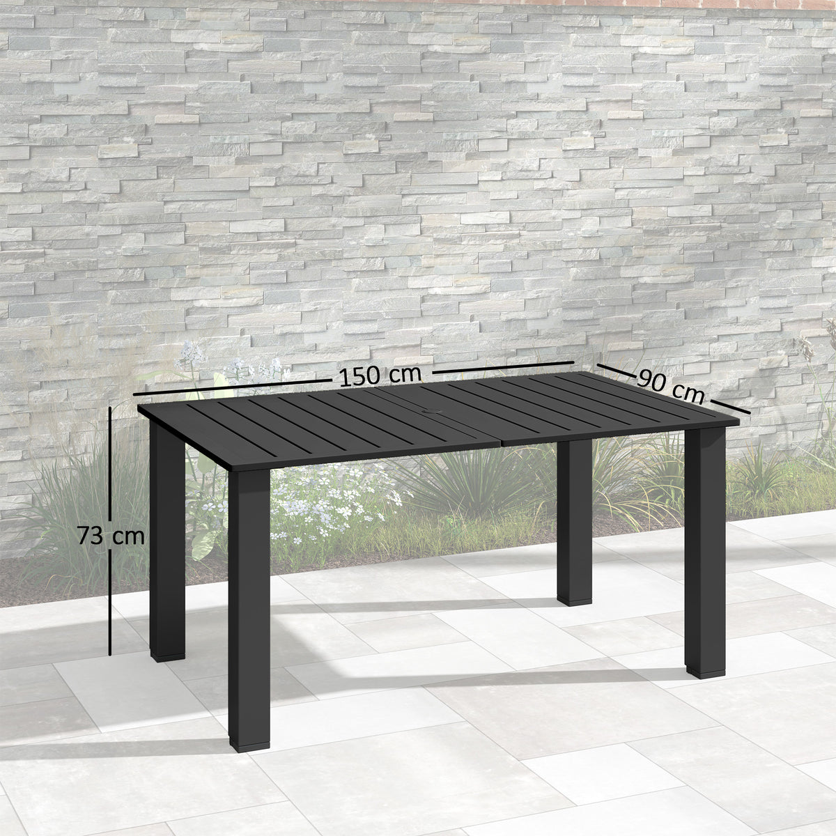 Black slatted outdoor dining table, shown with dimensions of 150 by 90 by 73 cm
