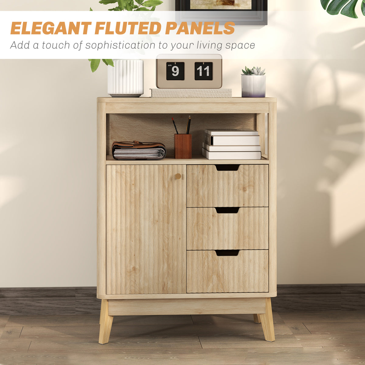 Light wood sideboard with fluted cabinet door, open shelf, three drawers, and tapered legs