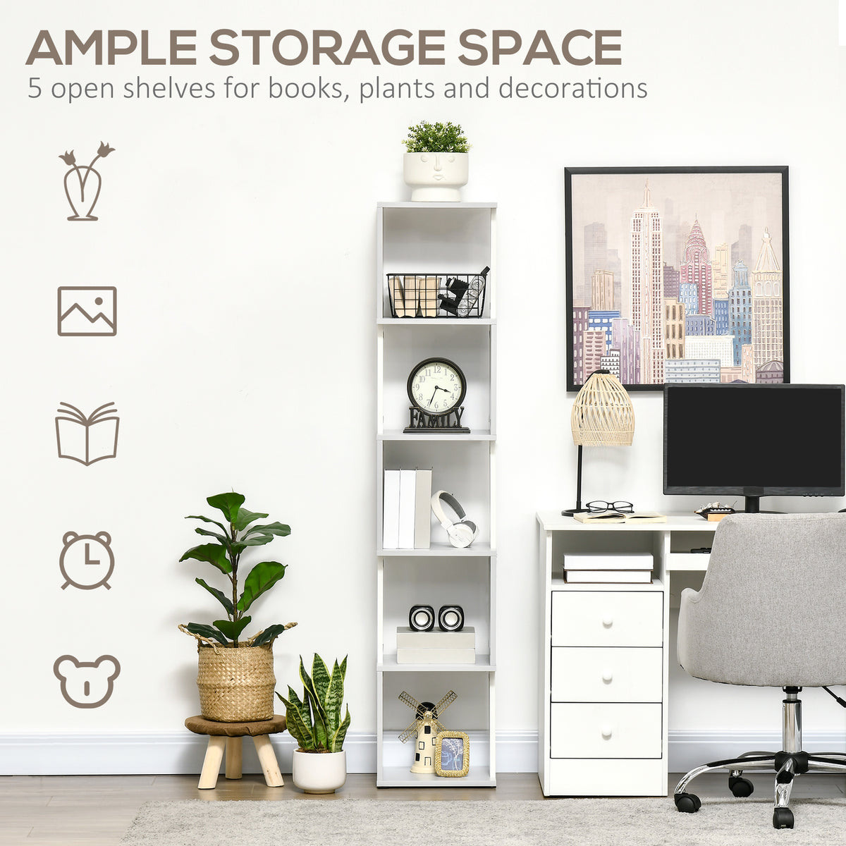 HOMCOM five-tier bookshelf displaying decor and storage in a home office