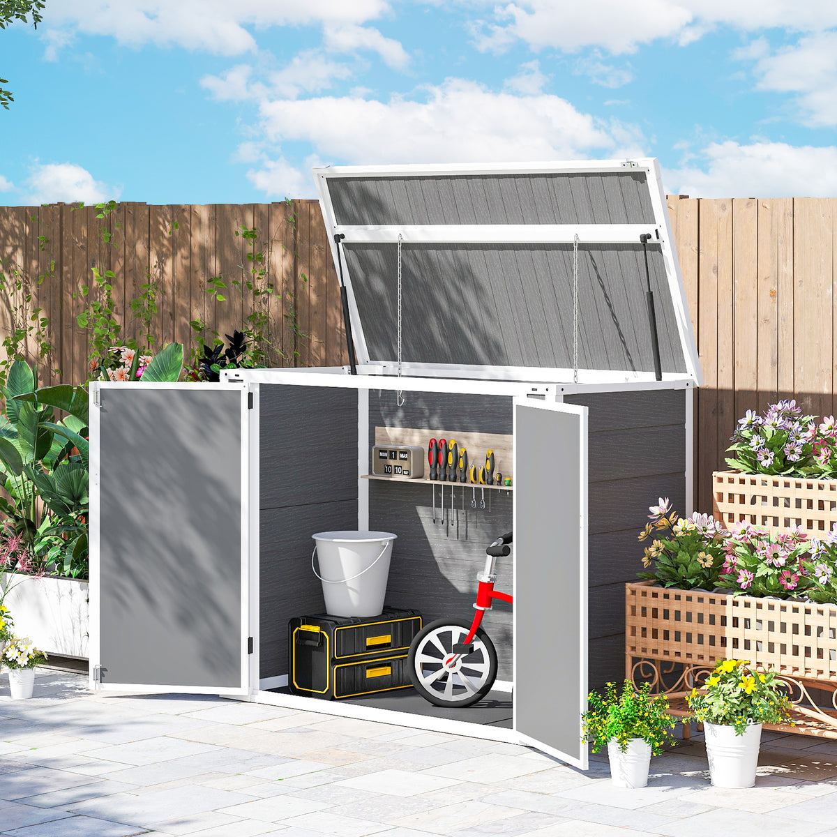 Outsunny garden shed with open lid and doors, displaying shelves and space for bins and tools
