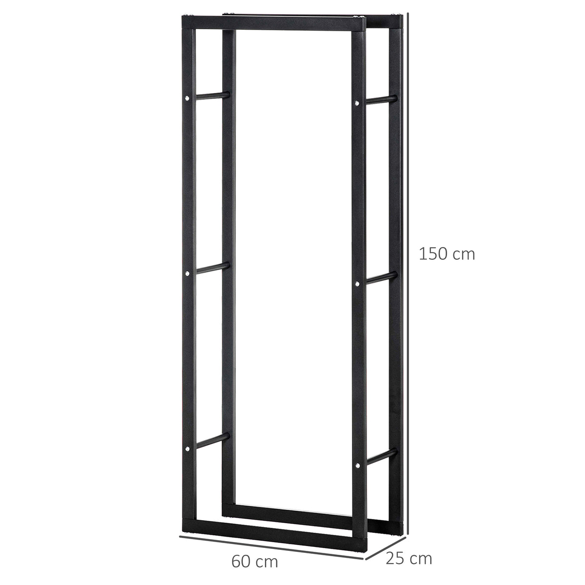 Black metal firewood rack, 150 cm tall, 60 cm wide and 25 cm deep