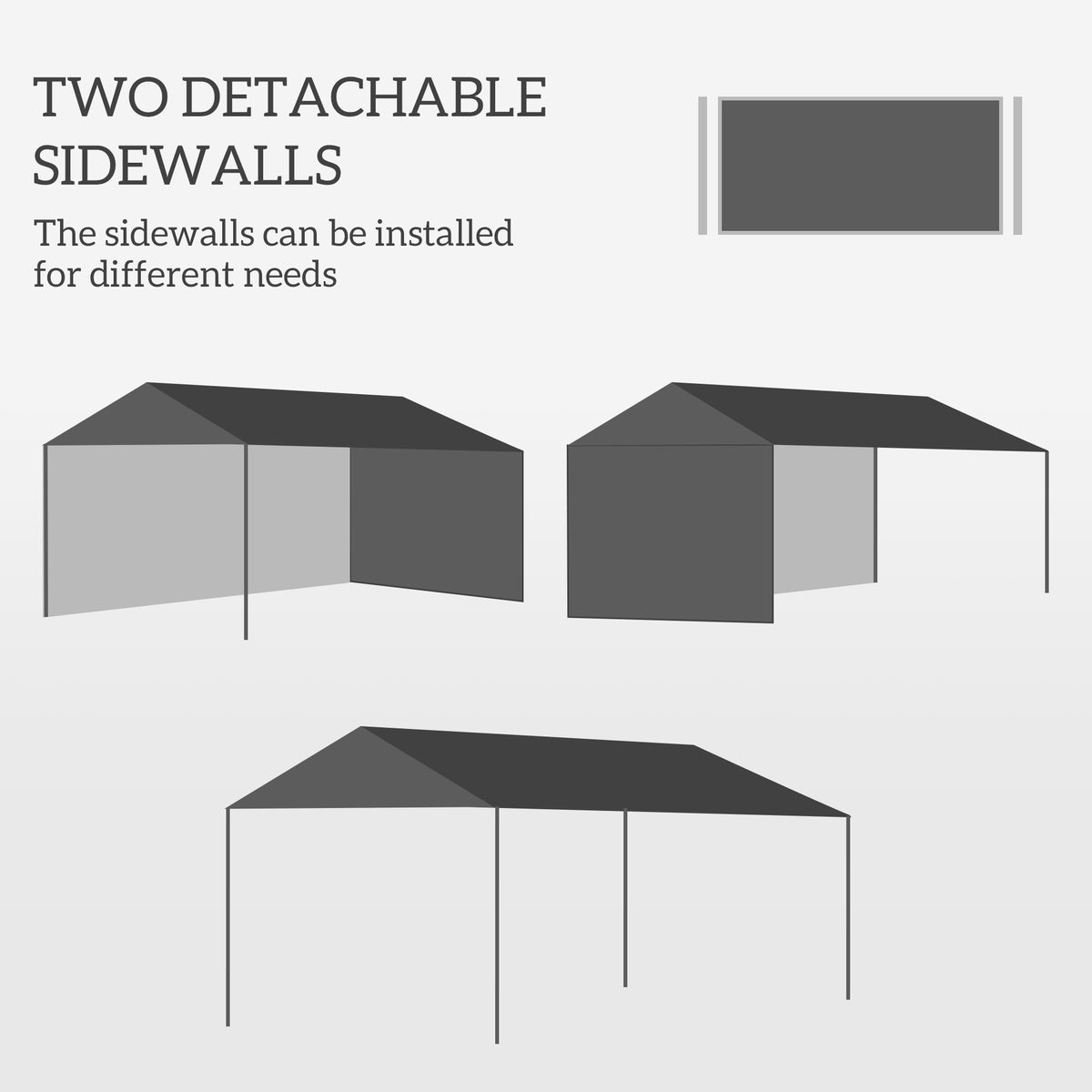 Gazebo diagrams showing detachable sidewalls in several configurations