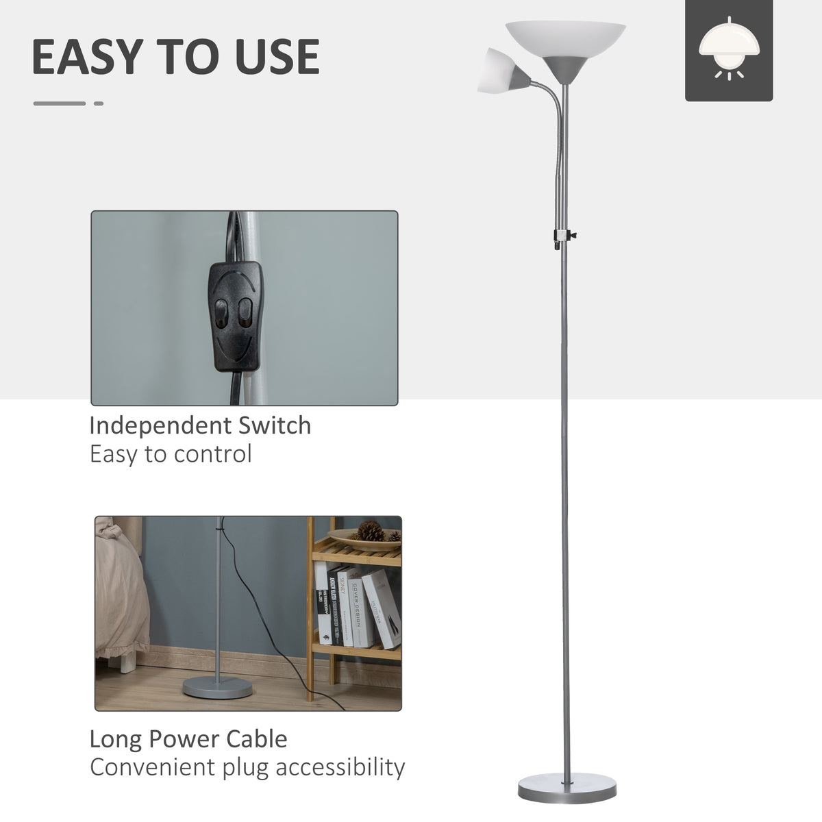 Silver-tone mother-and-child floor lamp with cord switch and long power cable