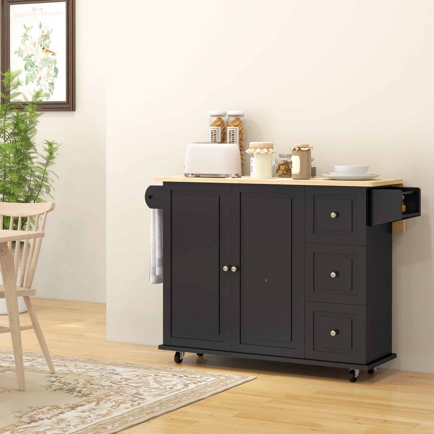 HOMCOM Kitchen Island with Drop Leaf, Rolling Kitchen Storage Trolley on Wheels with 3 Drawers, Black