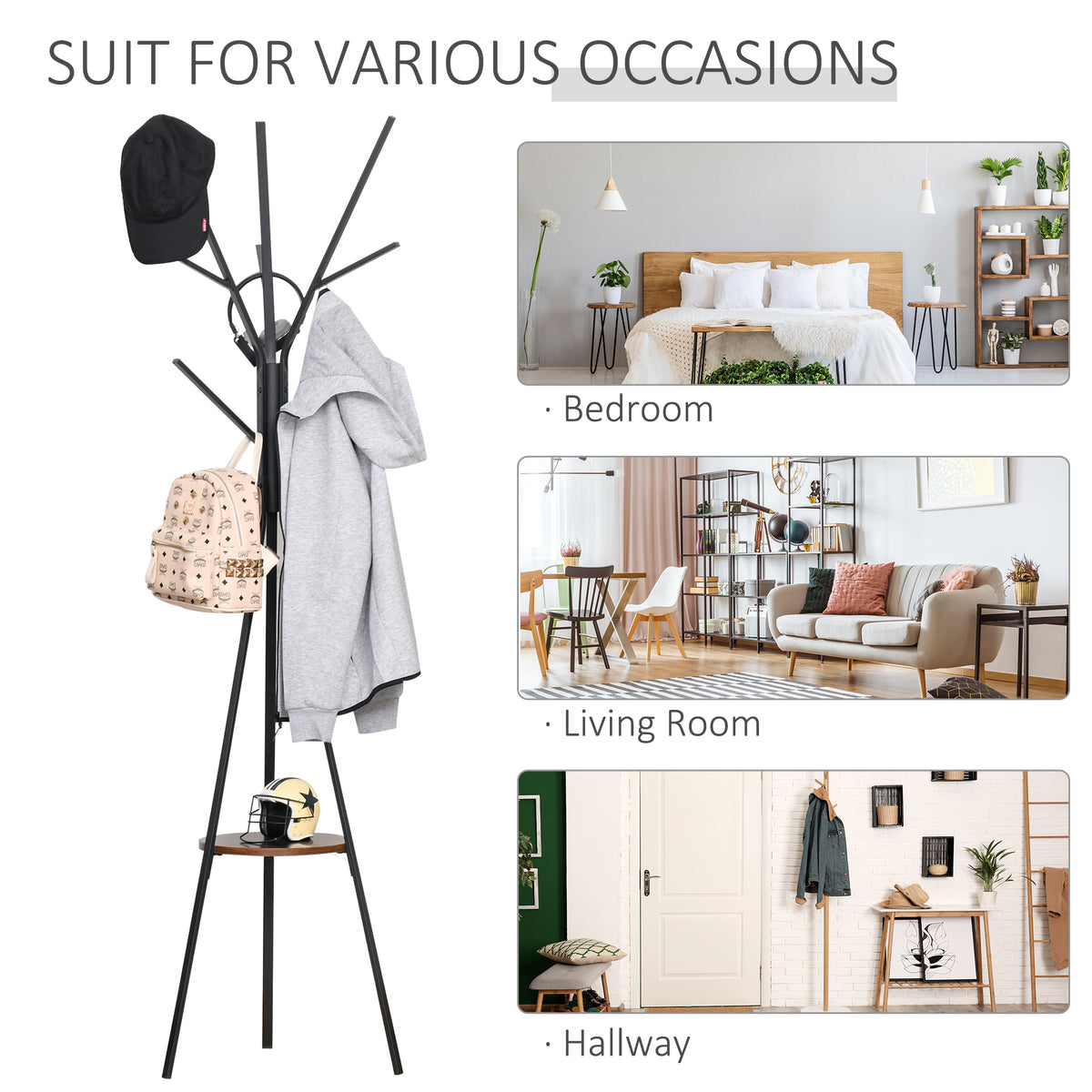 Metal coat tree with branching hooks and a brown shelf, shown holding coats and bags