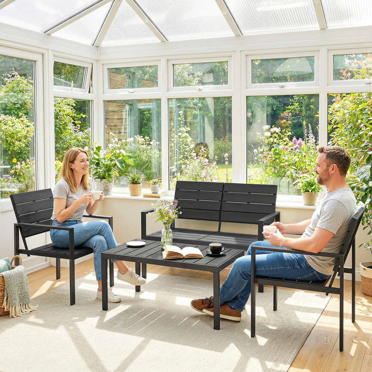 Outsunny 4 Piece Garden Furniture Set, Outdoor Sofa Set with HDPE Slatted Loveseat Armchairs Coffee Table Metal Frame, Black