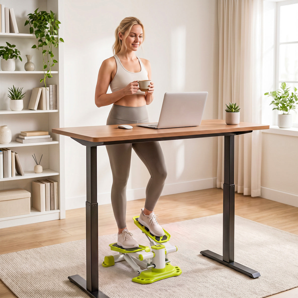Compact yellow mini stepper used at a standing desk