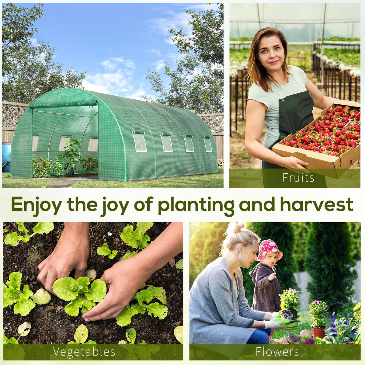 Green polytunnel greenhouse shown in a garden setting