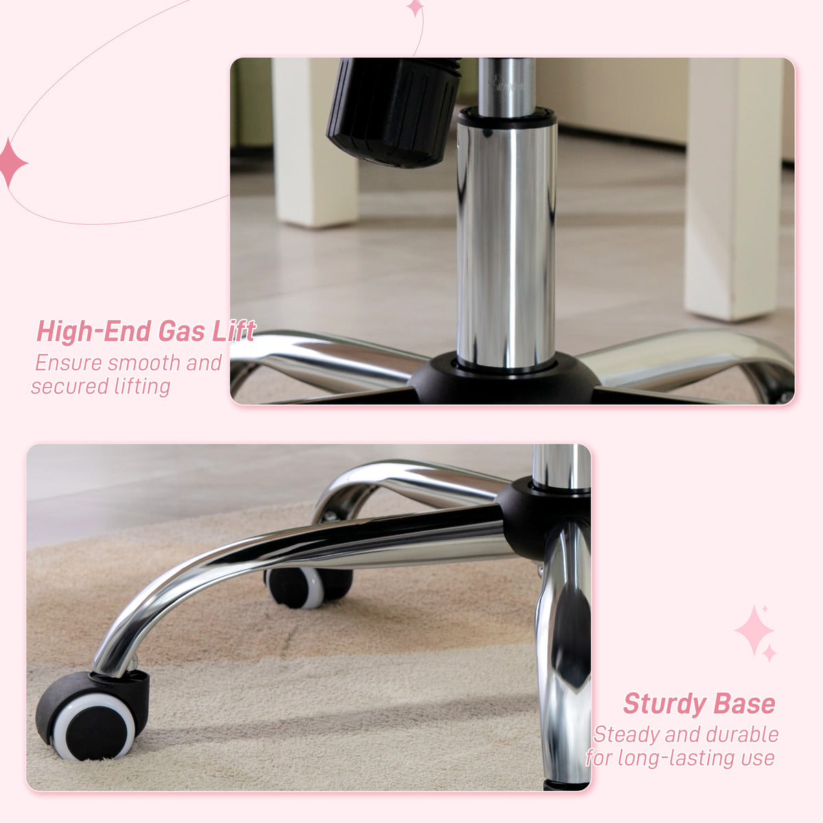 Close-up of the chair's chrome gas lift, sturdy base, and caster wheel