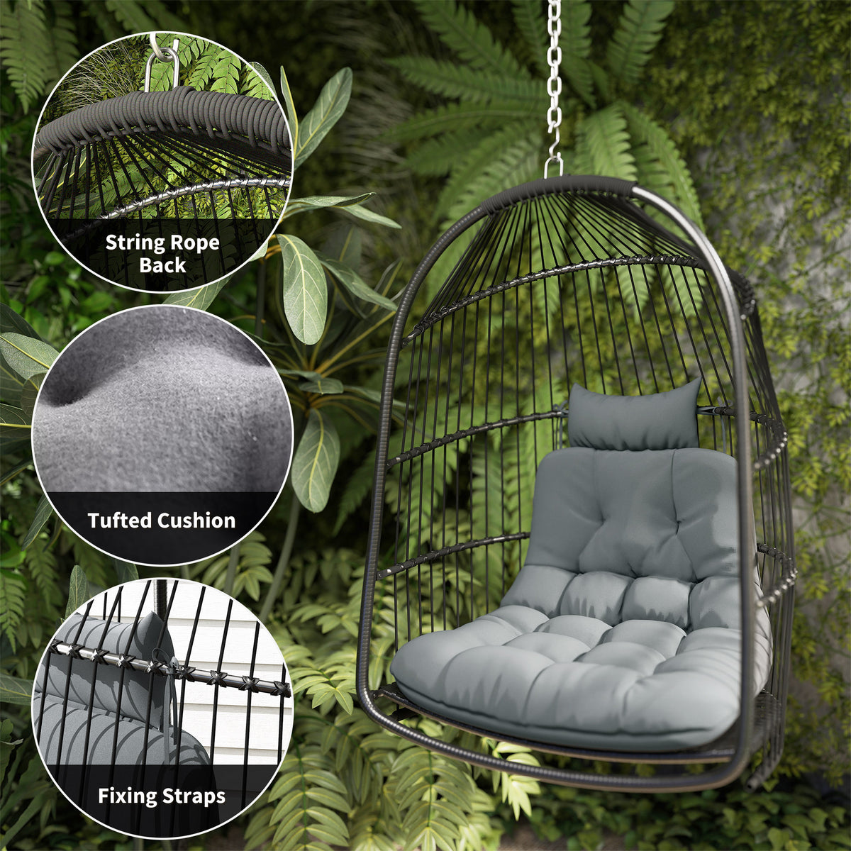 Hanging egg chair with tufted gray cushion, headrest and fixing straps