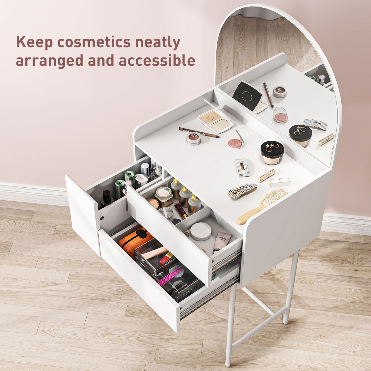 Dressing table with open divided drawers showing cosmetic storage