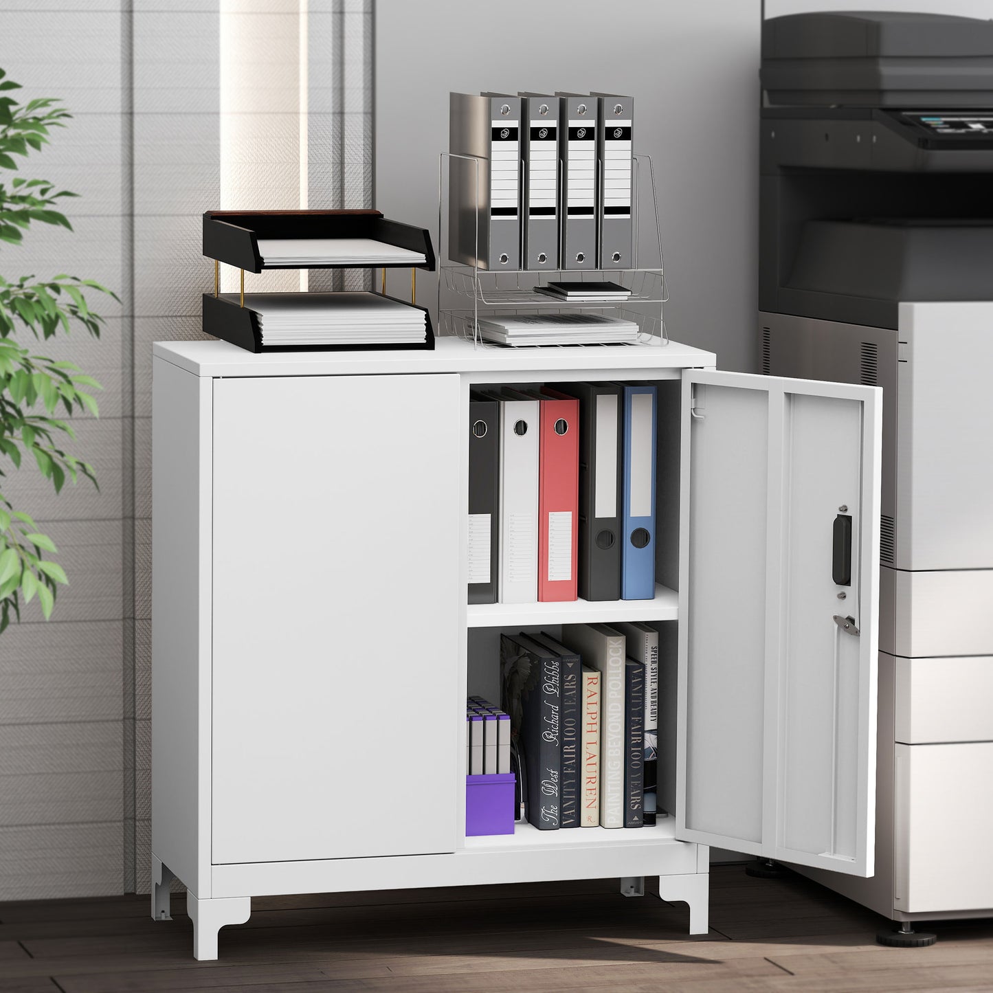 HOMCOM Lockable Metal Filing Cabinet, 2-Tier Storage Cupboard with Double Doors, Modern Office Organiser, White