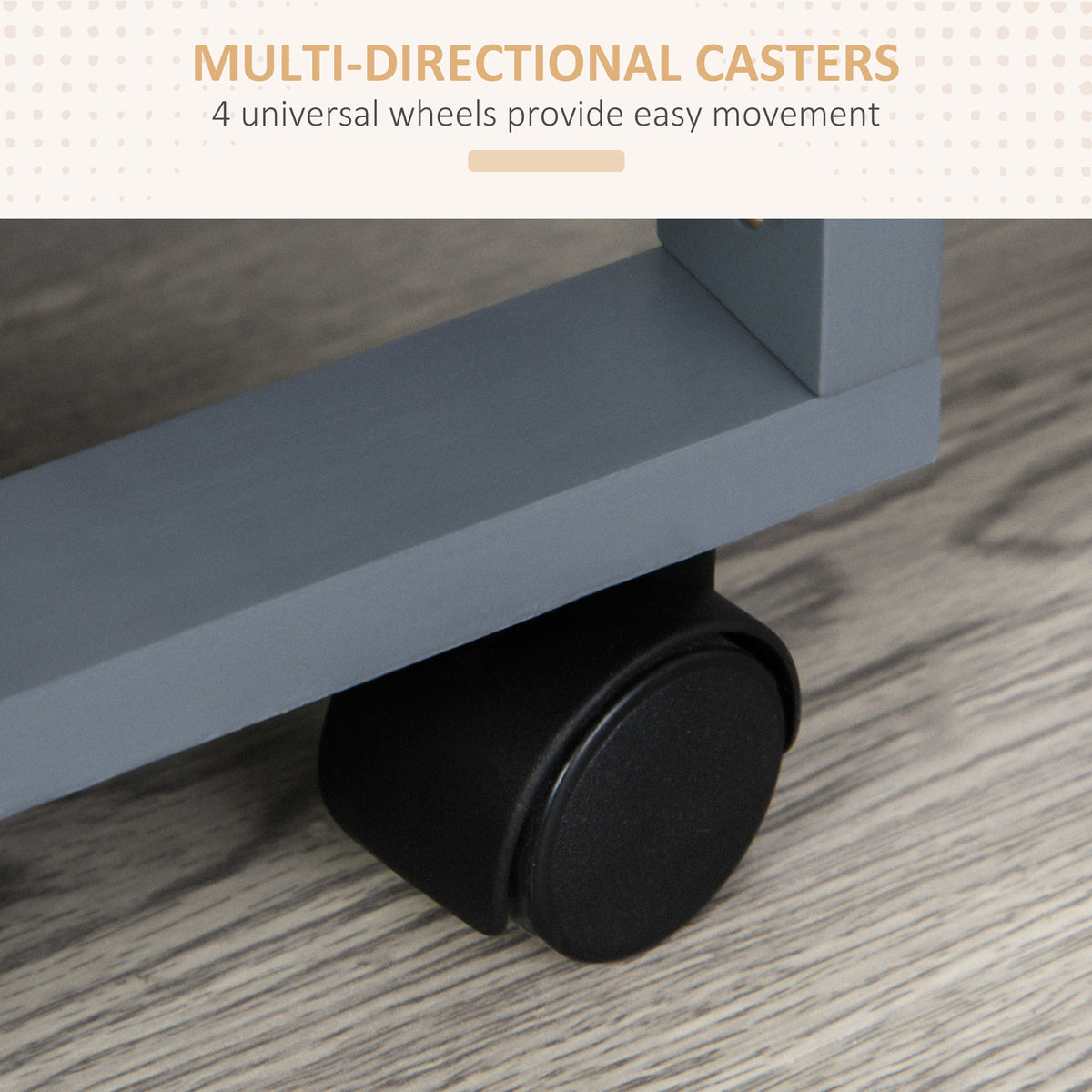 Black caster wheel attached to the gray kitchen cart frame