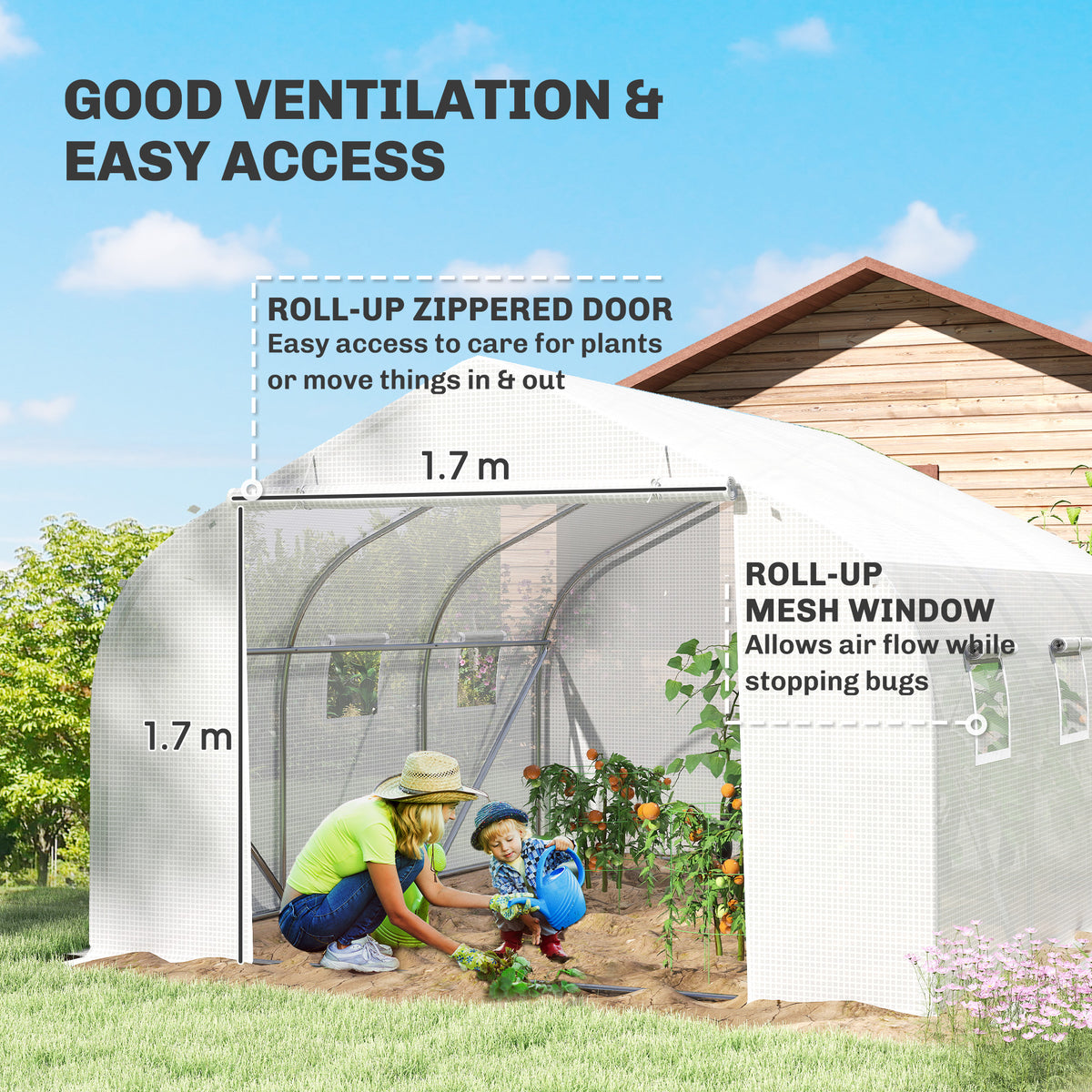 Outsunny walk-in polytunnel greenhouse with a roll-up zippered door and mesh side windows