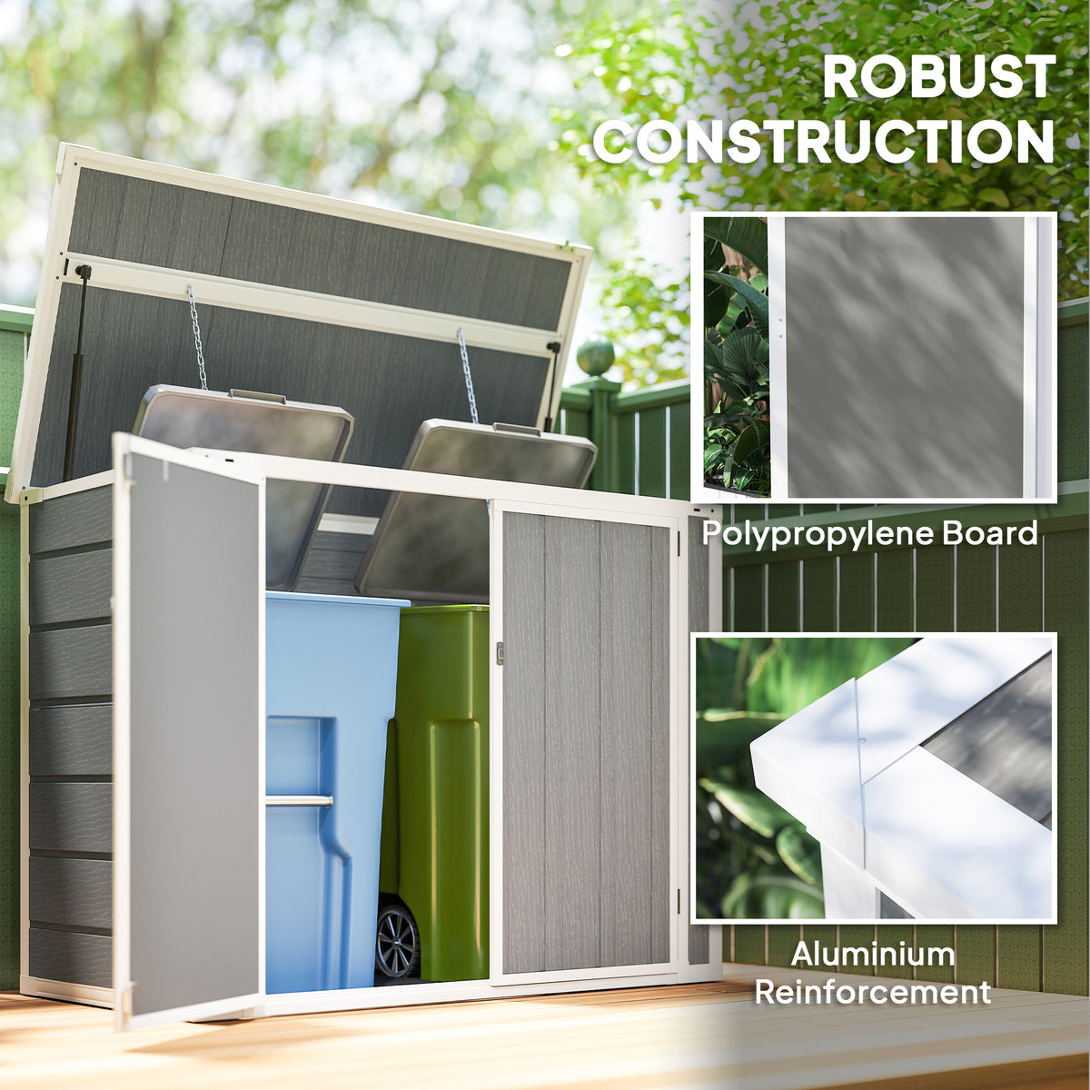 Outsunny double-bin shed with open lid and doors, showing polypropylene panels and aluminum reinforcement