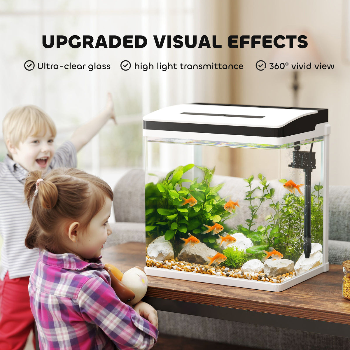 PawHut glass aquarium with LED lid, internal filter, green plants, gravel, rocks, and orange fish