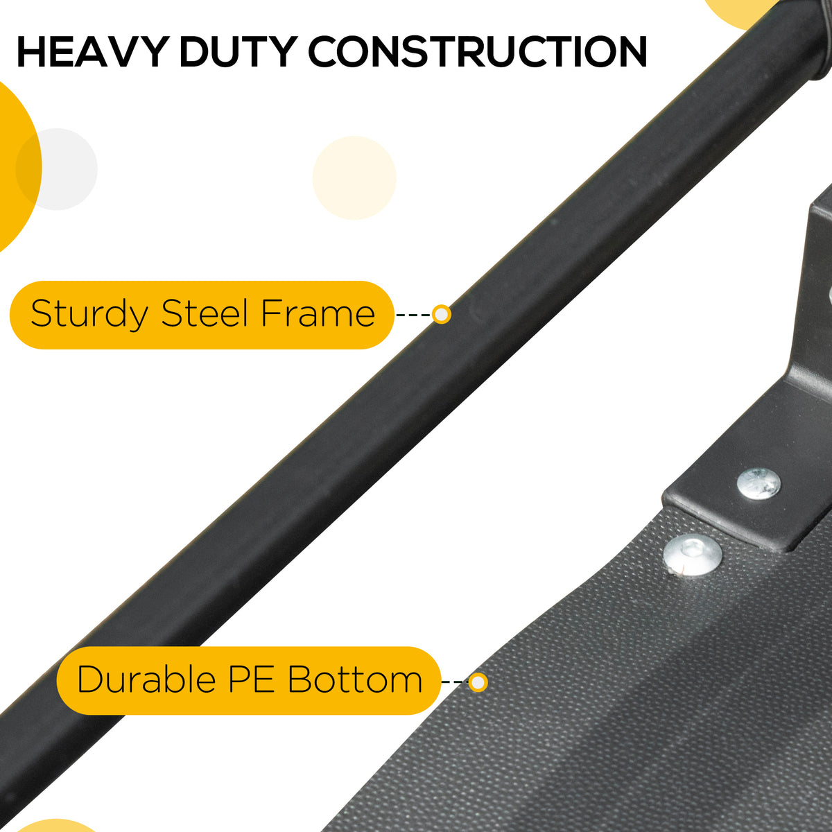 HOMCOM trailer close-up showing its black steel frame and textured PE floor