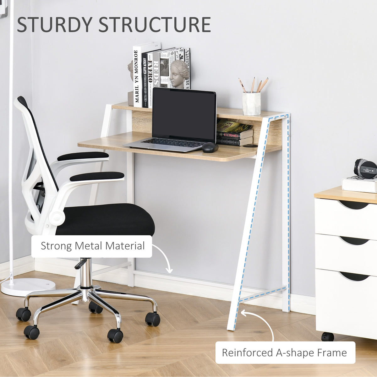 White metal and oak computer desk with raised shelf and A-frame legs