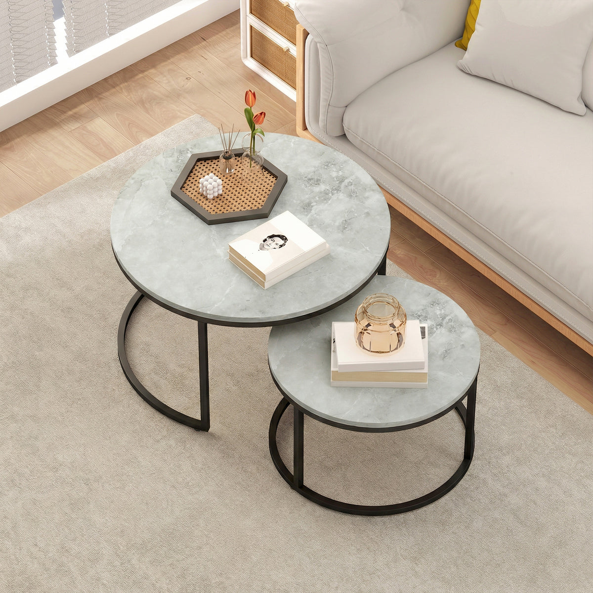 HOMCOM Set of Two Marble-Effect Stacking Tables - Grey