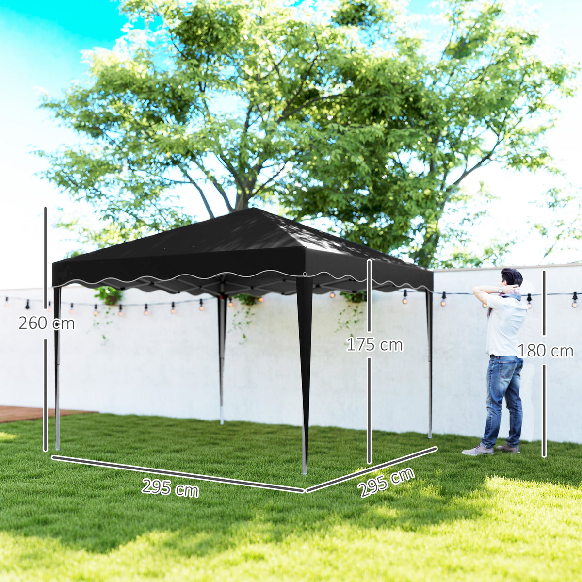 Black 3 x 3 m pop-up gazebo with height and size measurements
