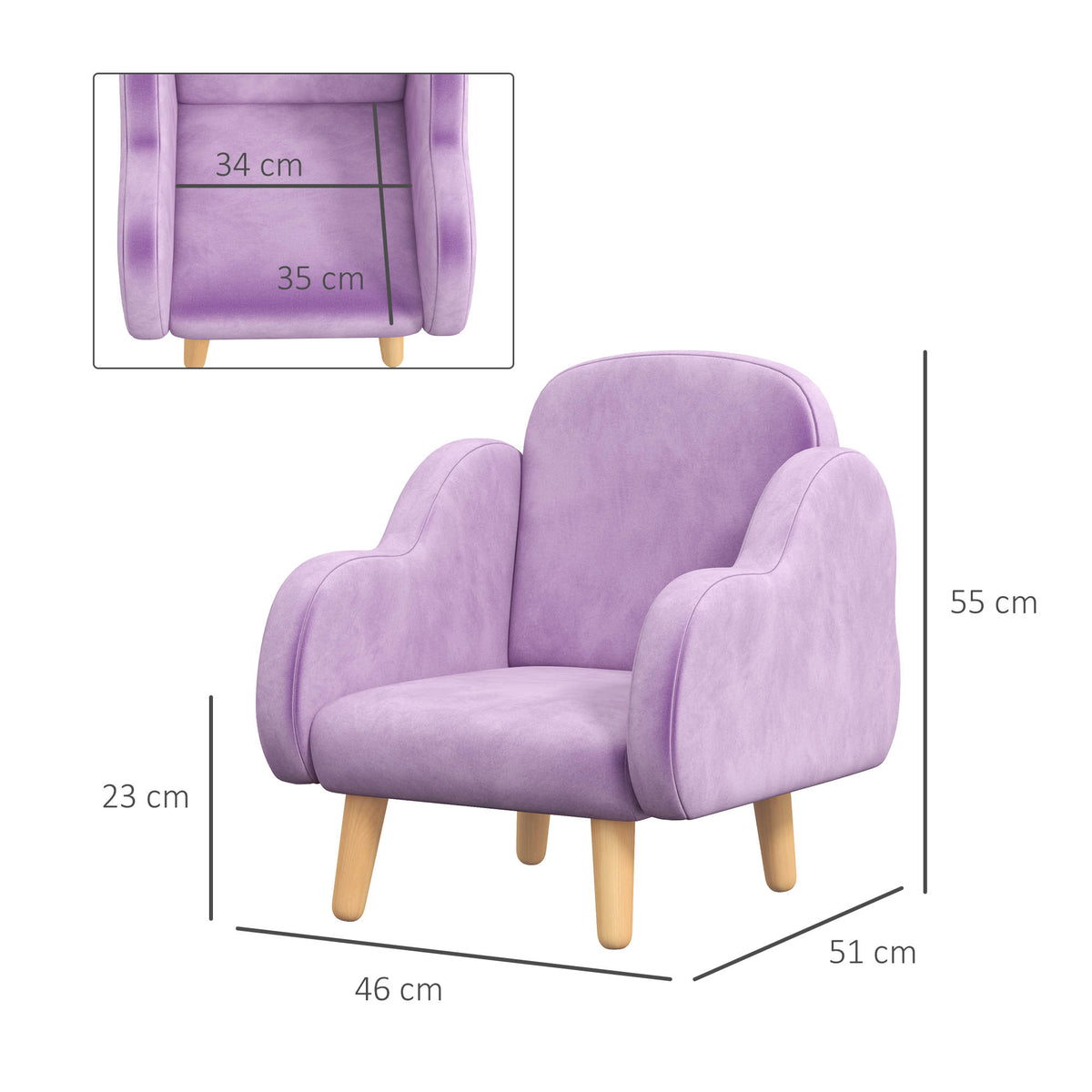 Purple children's armchair with size measurements: 46 x 51 x 55 cm