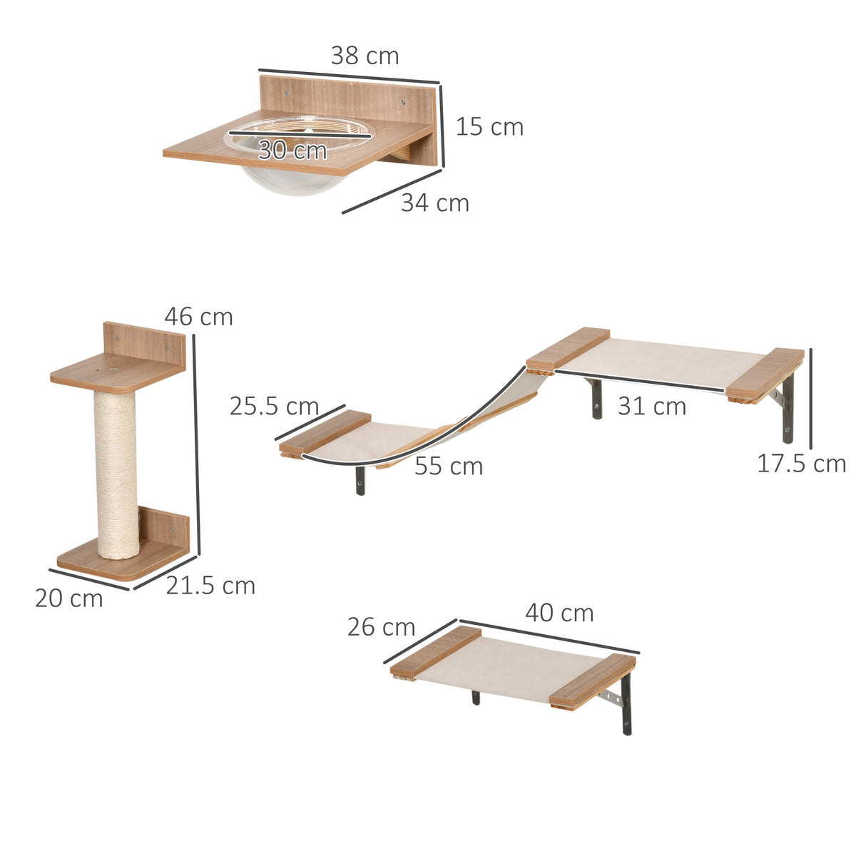 Wall-mounted cat climbing set with acrylic hammock, sisal post, and platform dimensions