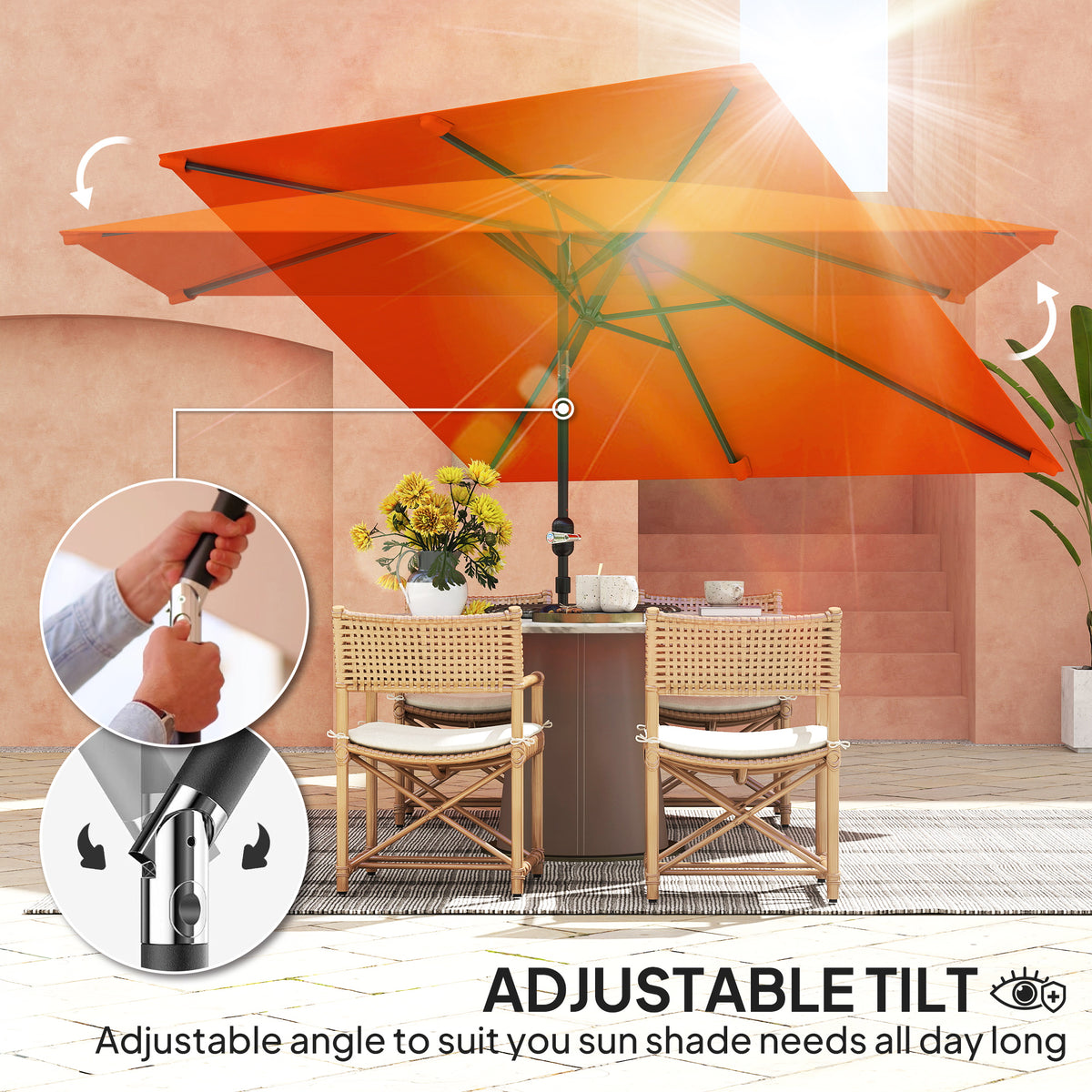 Orange patio parasol tilted over a dining set, with adjustable angle controls