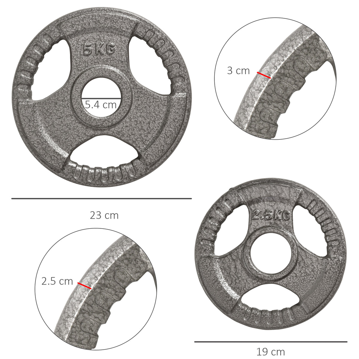 Cast iron weight plates in 5 kg and 2.5 kg sizes with three grip holes and size markings