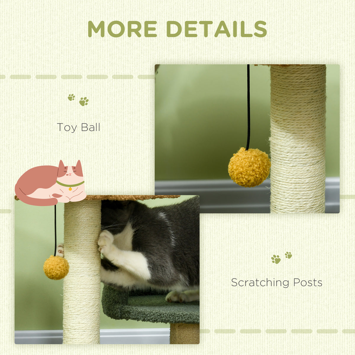 PawHut cat tree details showing a hanging ball toy and sisal-wrapped scratching posts
