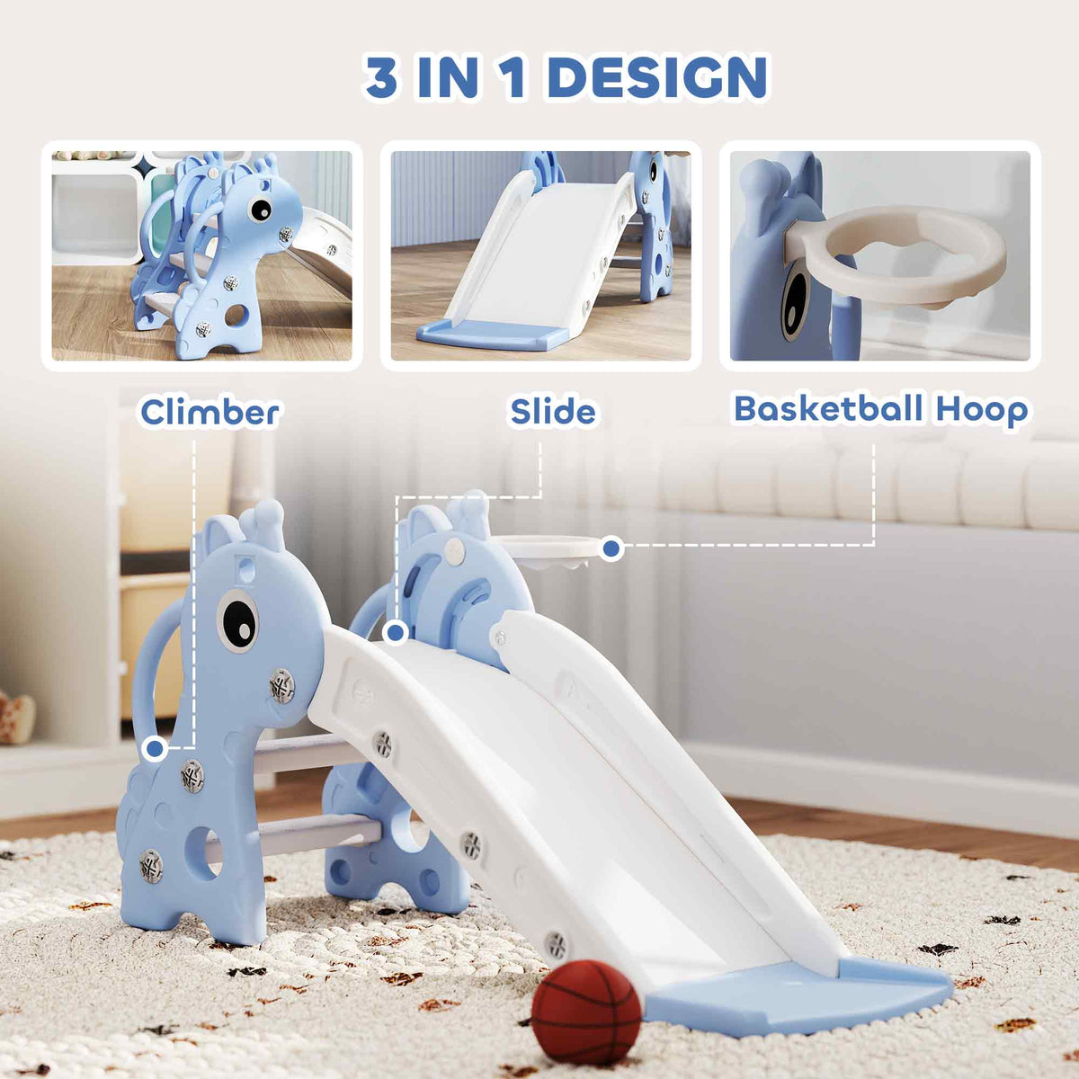 AIYAPLAY 3 in 1 Kids Slide with Climber, Basketball Hoop and Ball, Giraffe Shape Climber Slide for Indoor Kids Age 1-3, Blue