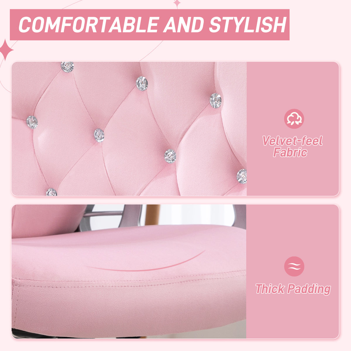 Close-up of pink velvet-feel upholstery, jeweled tufting, and thick padded seat