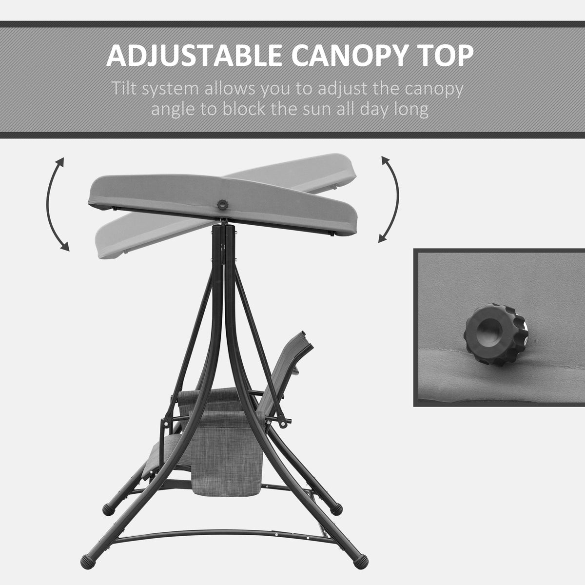 Outsunny patio swing with adjustable canopy shown tilting to different angles