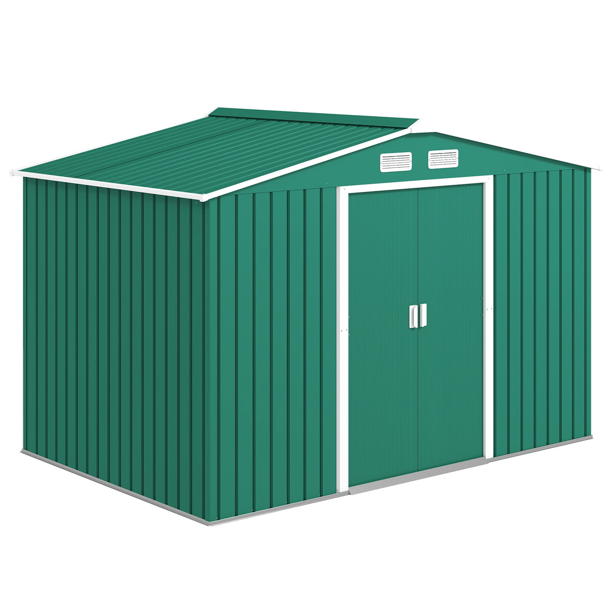 Outsunny green metal garden shed with closed double doors and roof vents