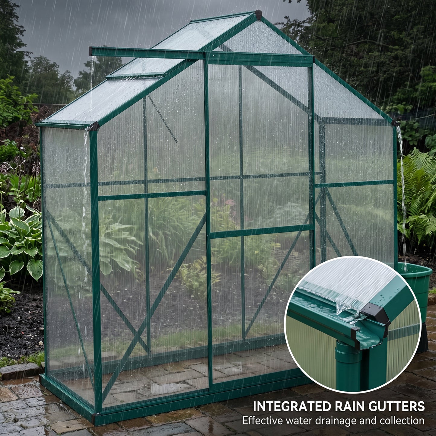 Outsunny 6 x 2.5ft Polycarbonate Greenhouse Walk-In Green House with Rain Gutter, Sliding Door, Window, Foundation, Green
